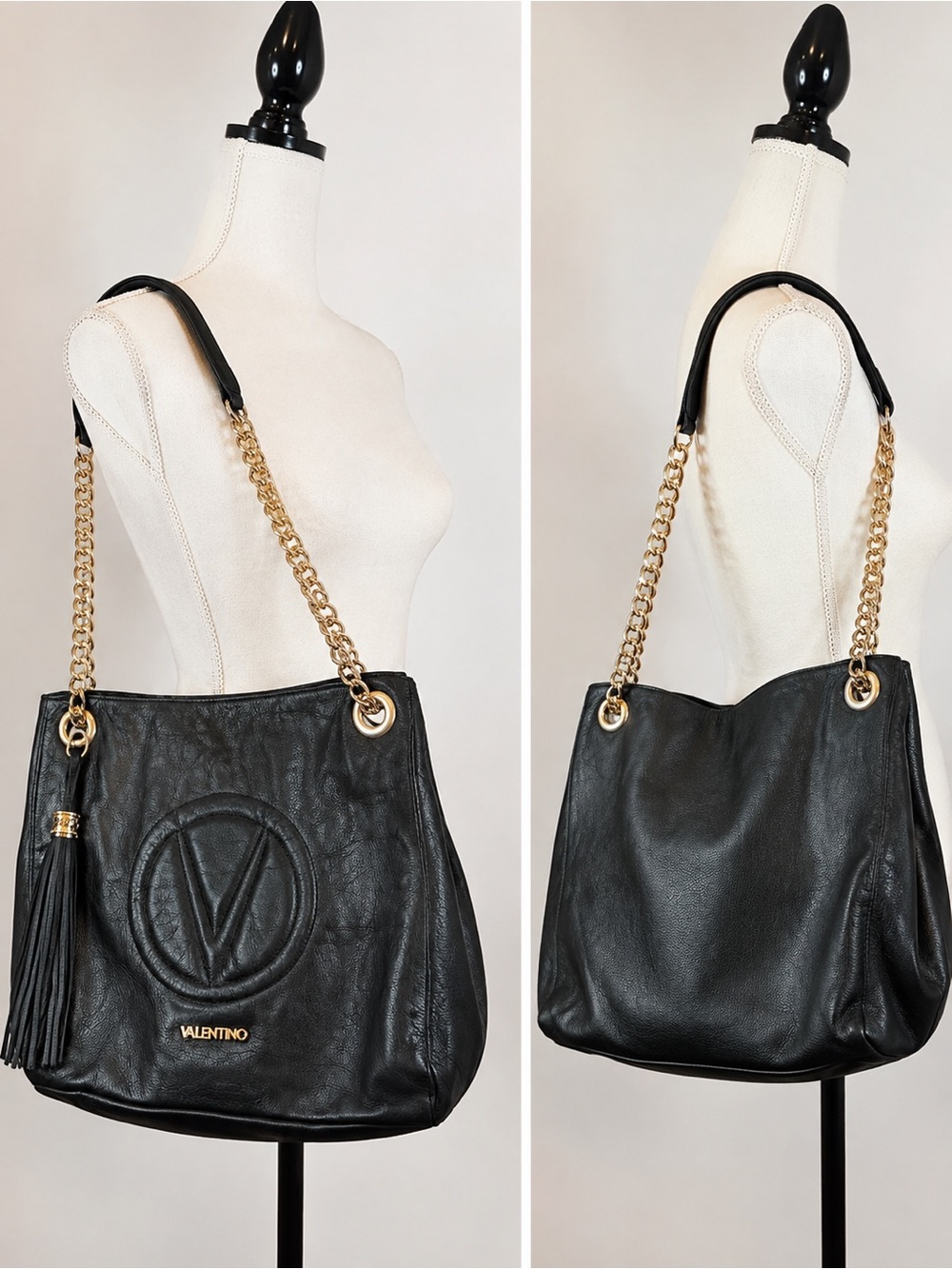 Valentino Black Leather large Shoulder Bag with Gold Chain Straps